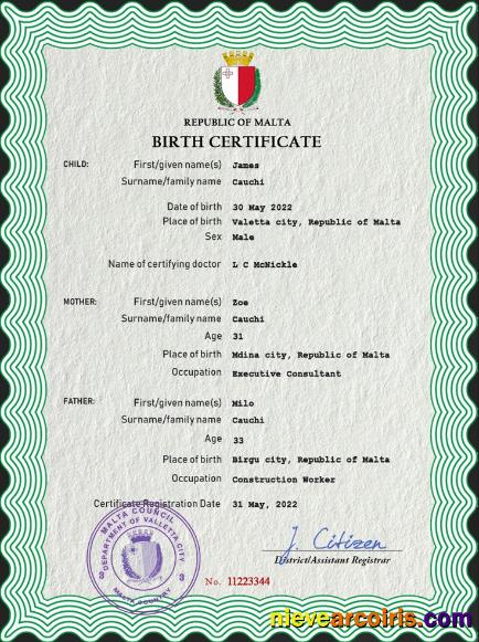 Malta vital record birth certificate